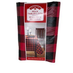 Christmas Buffalo Plaid Vinyl Tablecloth 60" x 102" Red Black Holiday Time